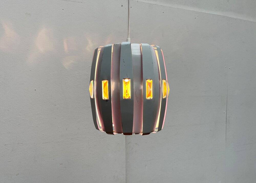 Metal pendant lamp and prism model in white mid-century by Werner Schou for Coronell Elektro, Denmark, 1960s.