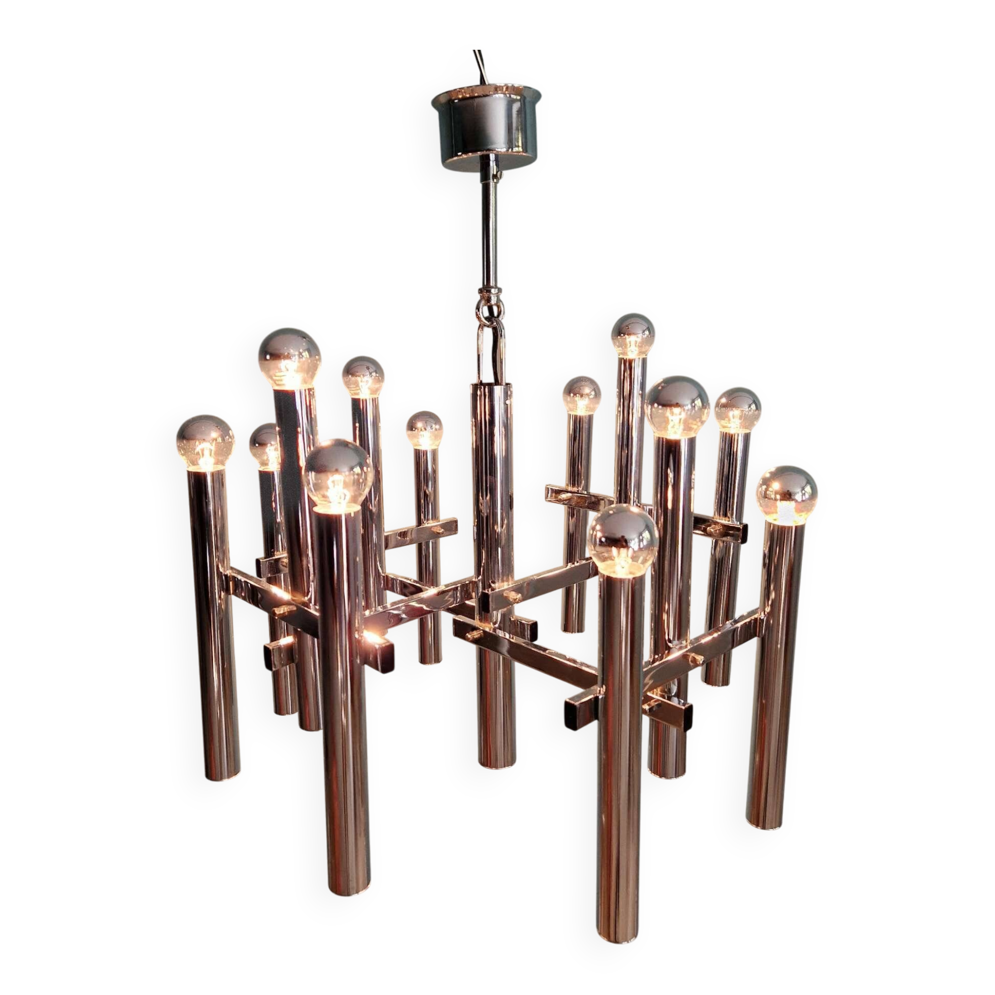 Large geometric chandelier in chromed metal, Massive, 1970