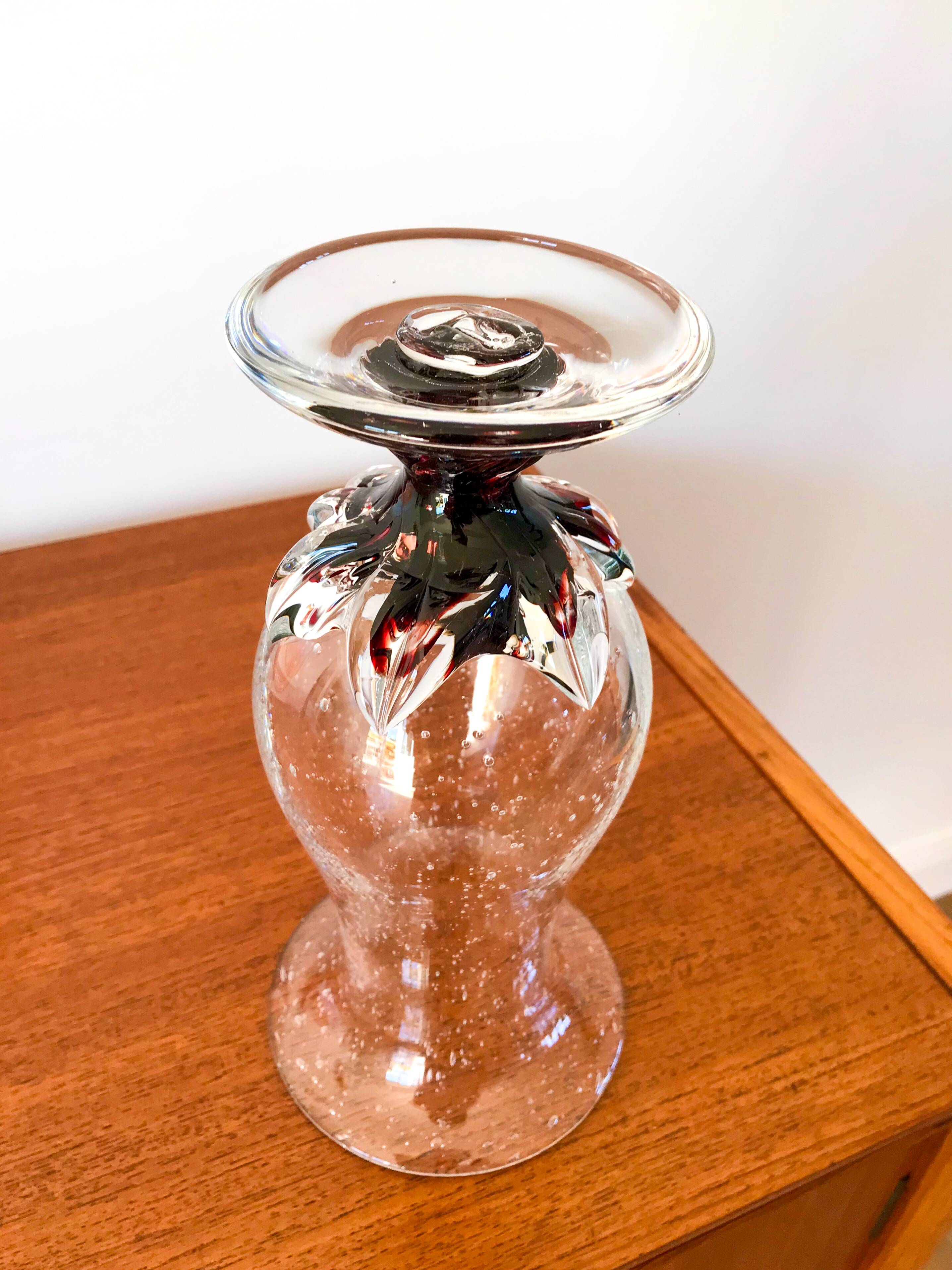 large bubbled glass vase and worked foot Biot style 70s