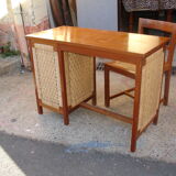 Desk and chair in mahogany and straw seat, made in Mexico in 1959