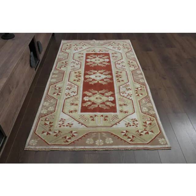 1970s Turkish Oushak Handmade Wool Cotton Red Area Rug 115x192