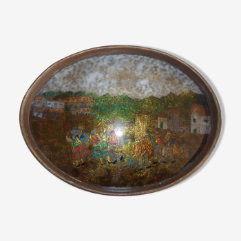 Oval platter in plaster, wood and glass