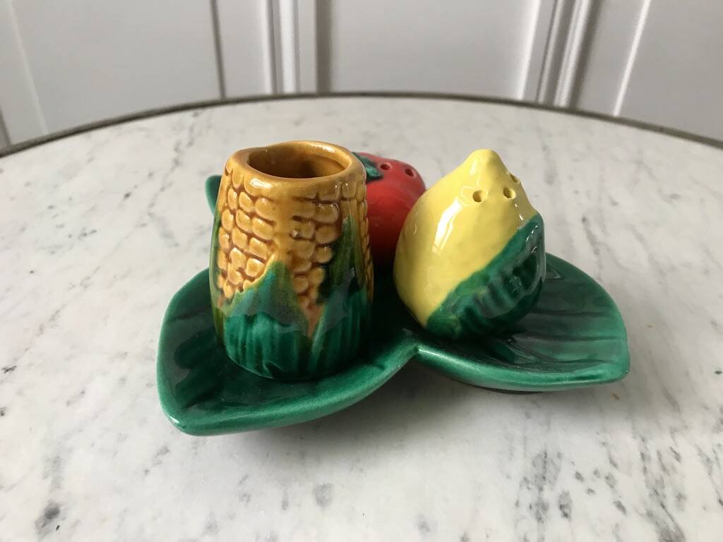 Salt shaker, mustard pepper shaker and slip set from the 60s