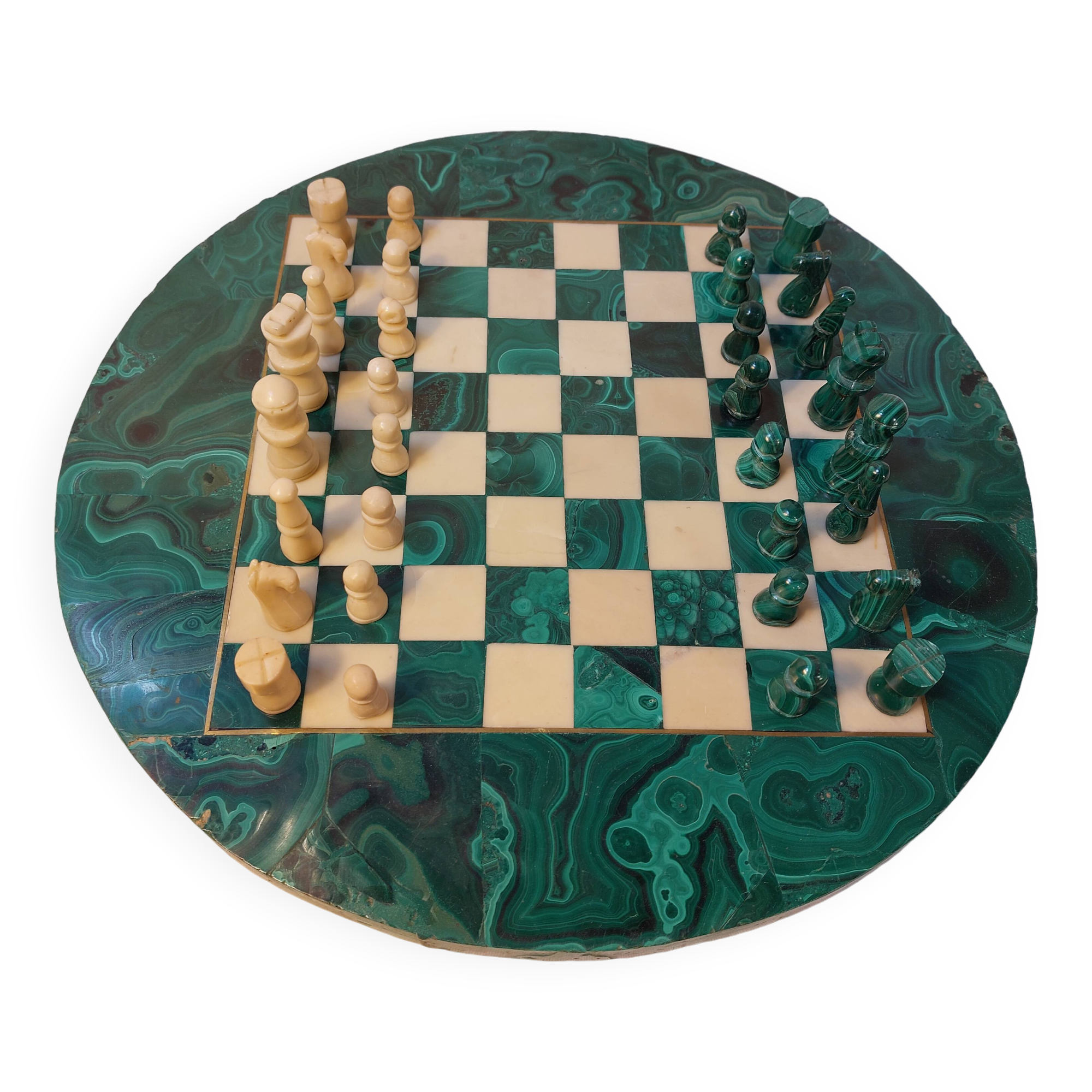 Vintage Complete Chess Set in Malachite and White Stone