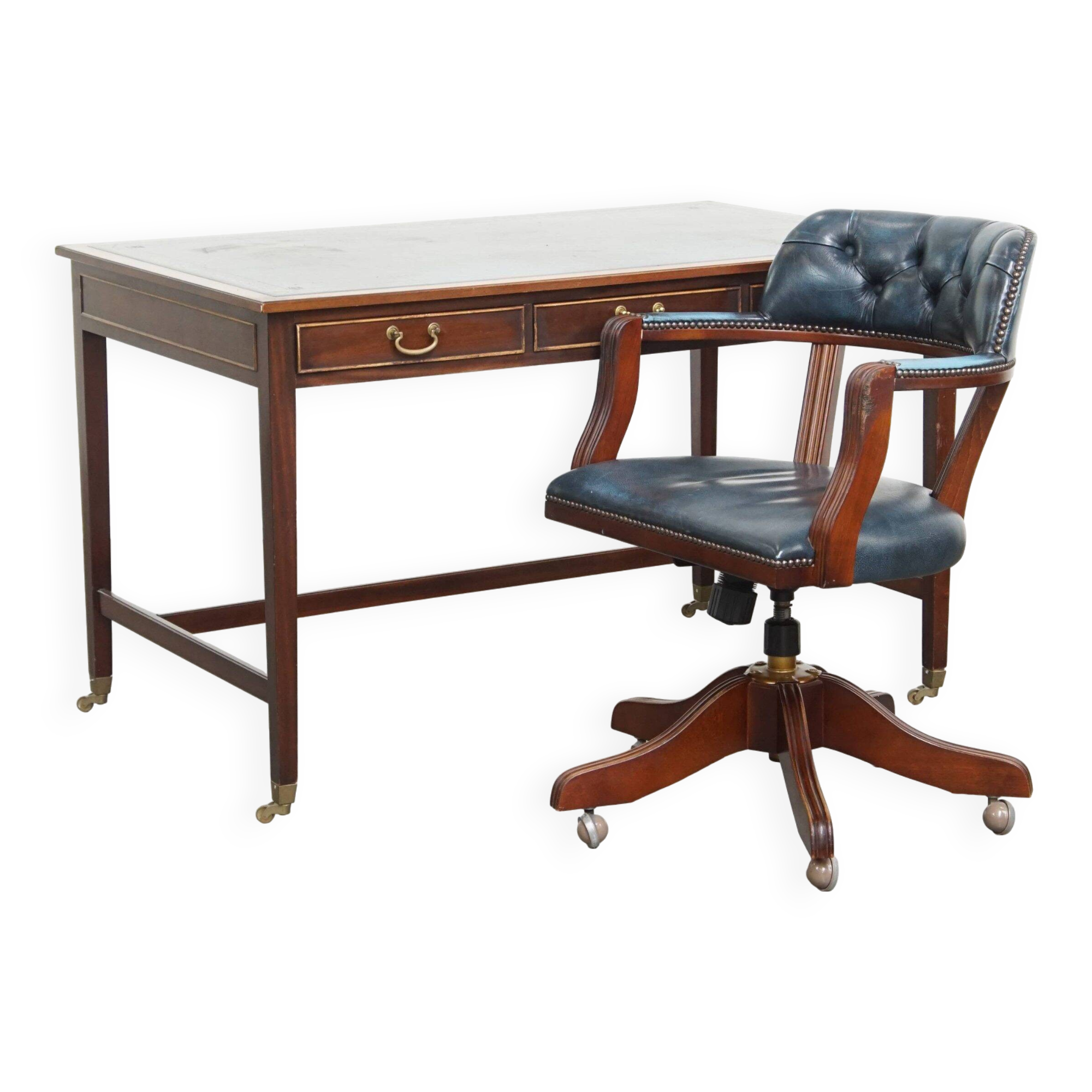 Writing desk and a blue cowhide leather Chesterfield office chair
