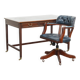 Writing desk and a blue cowhide leather Chesterfield office chair