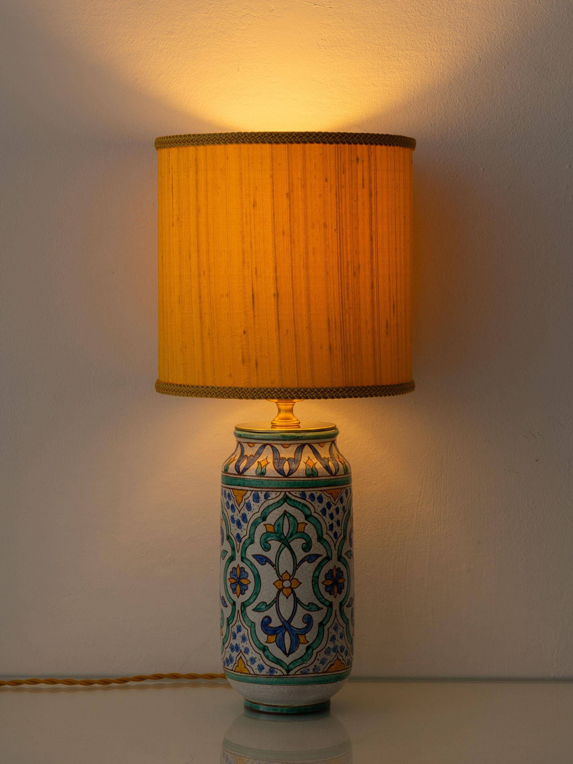 Granada Albarello Ceramic Table Lamp, Hand-Painted, New Silk Shade