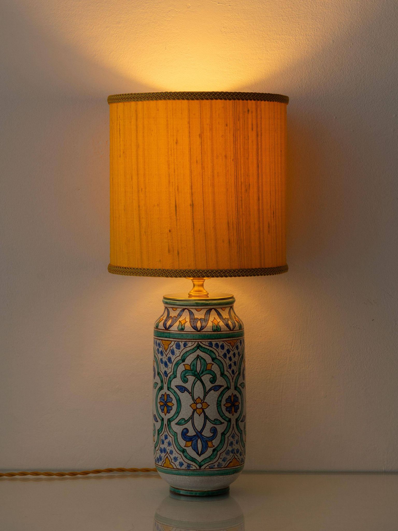 Granada Albarello Ceramic Table Lamp, Hand-Painted, New Silk Shade