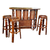 Bar en rotin et tabourets vintage