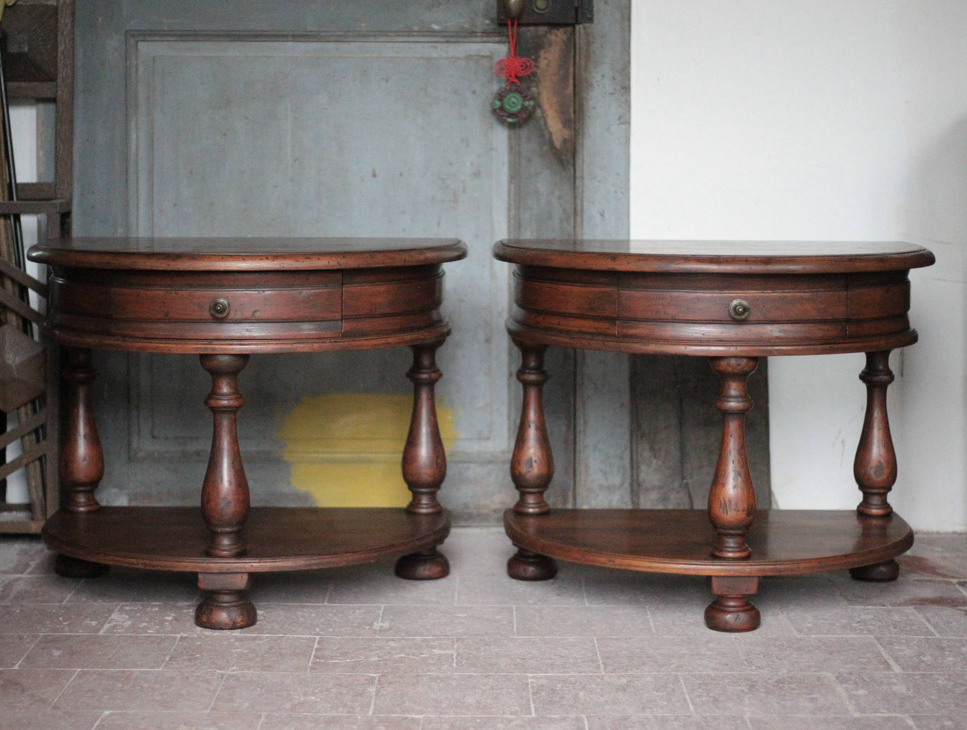 Pair of rounded wooden bedside tables, bedside table, end table.