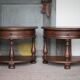 Pair of rounded wooden bedside tables, bedside table, end table.