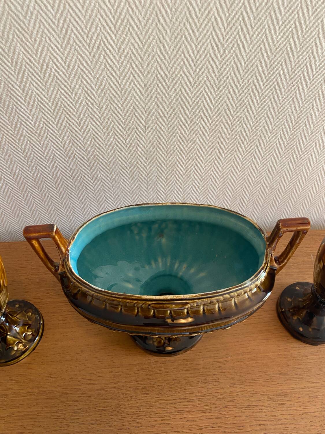 Art Nouveau fireplace set in majolica