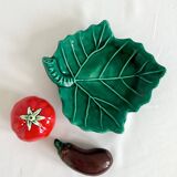 Vintage salt and pepper shaker colorful hand painted slip - Vegetables and leaf holder