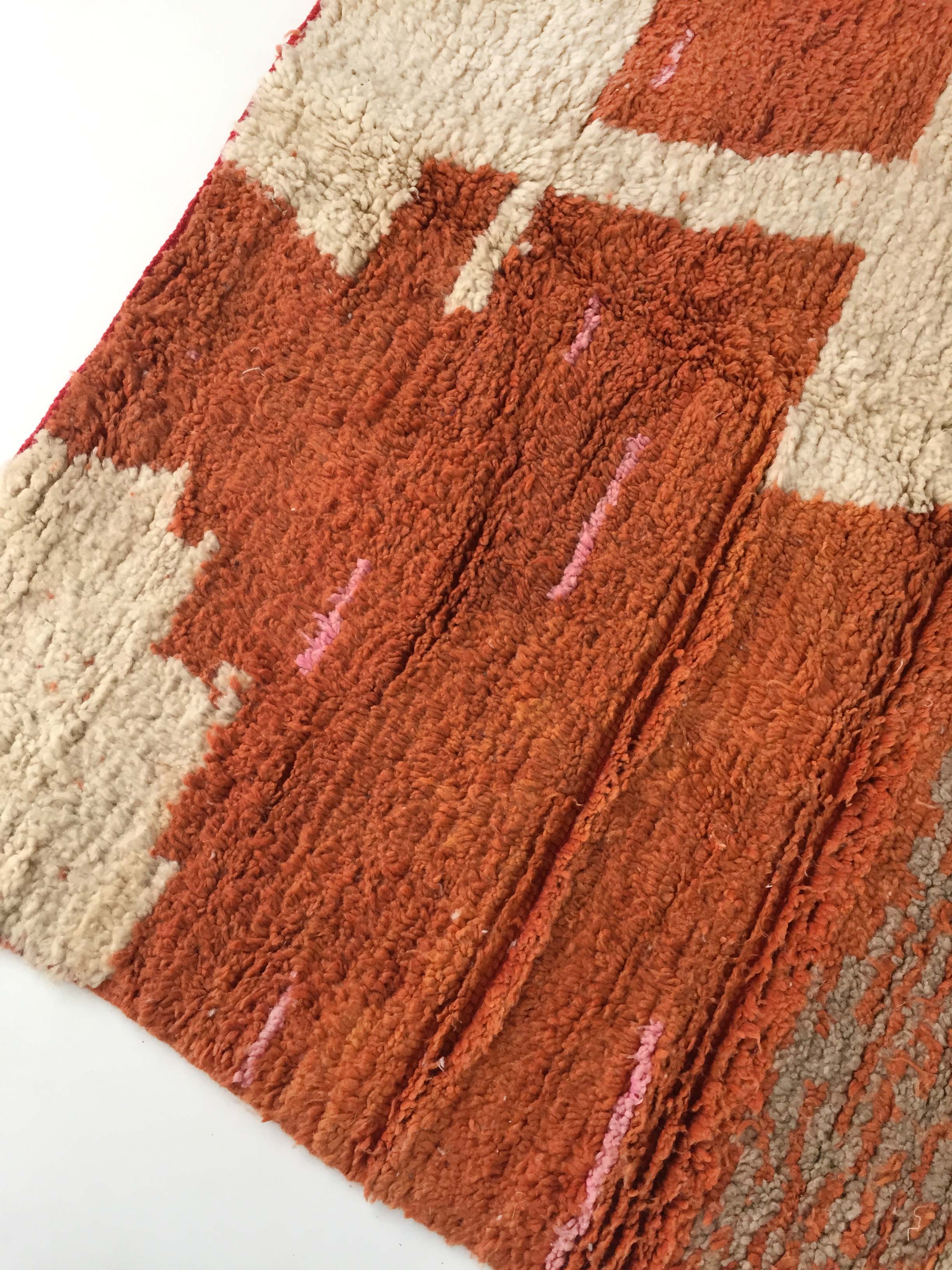 Moroccan Berber carpet Boujaad orange and ecru with colorful details 215x176cm