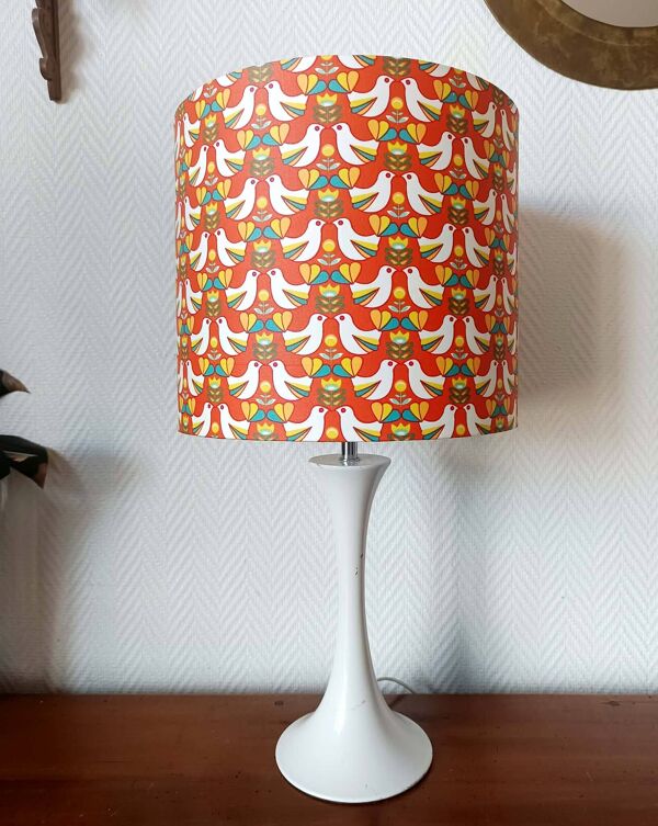 Lampe tulipe, abat-jour oiseaux orange, 1970