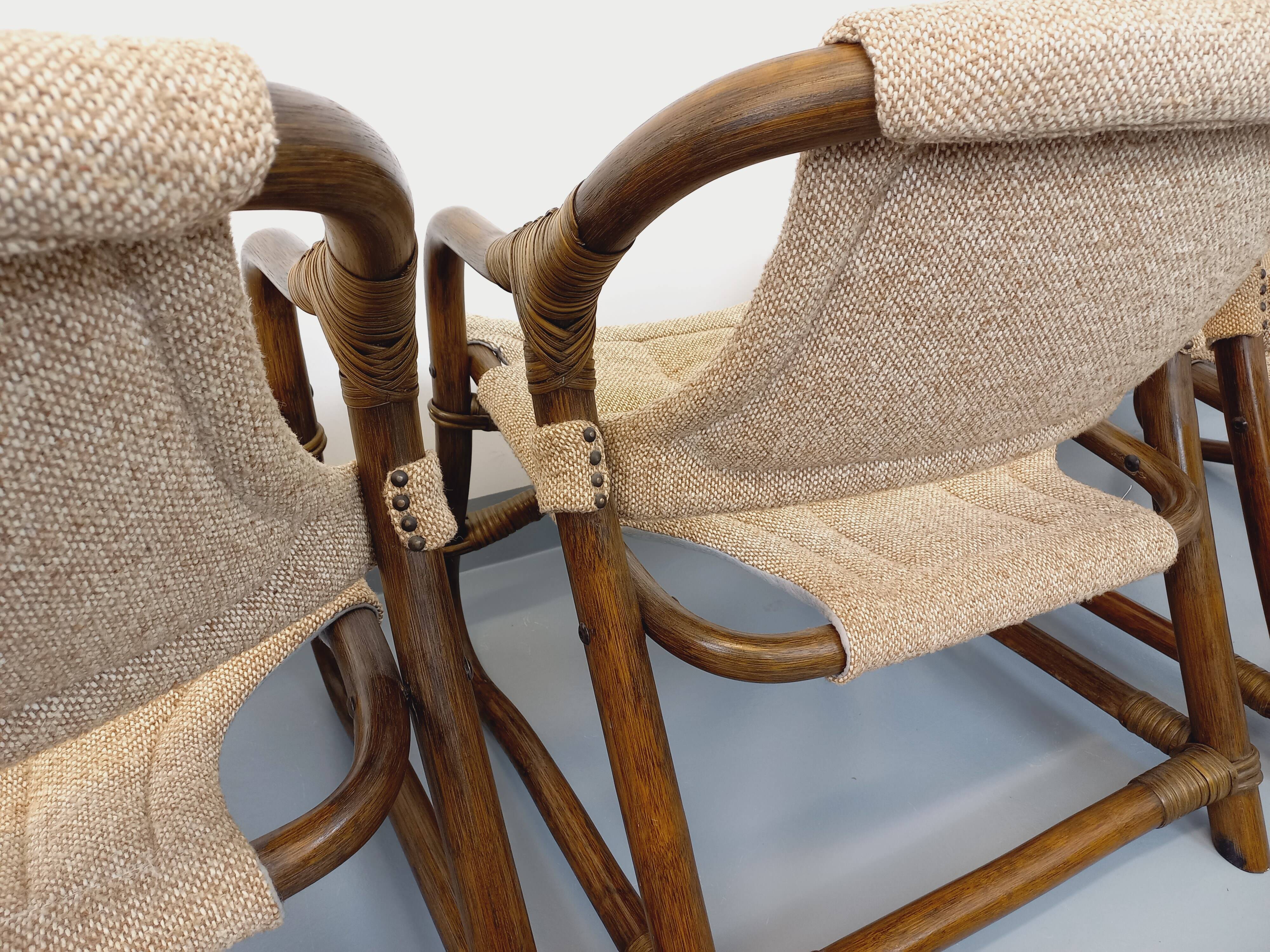 Set of 3 vintage Danish safari-style armchairs from Horsnæs Møbelfabrik in rattan and fabric from the 1980s.