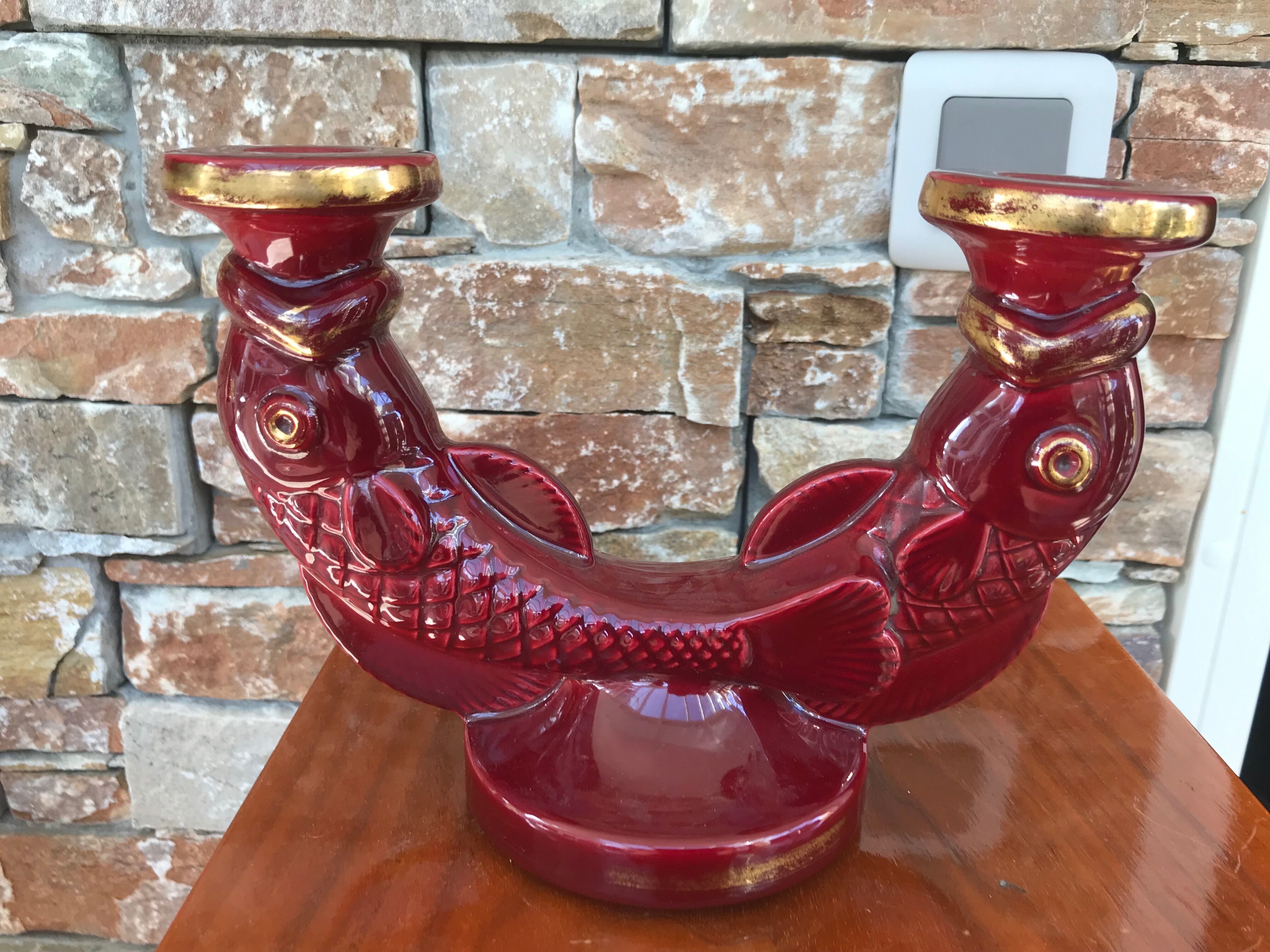 Pair of candlesticks red ceramic fish years 50
