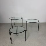 Set of 3 Minimalist Wire and Glass Nesting Tables, 1970s - 1980s