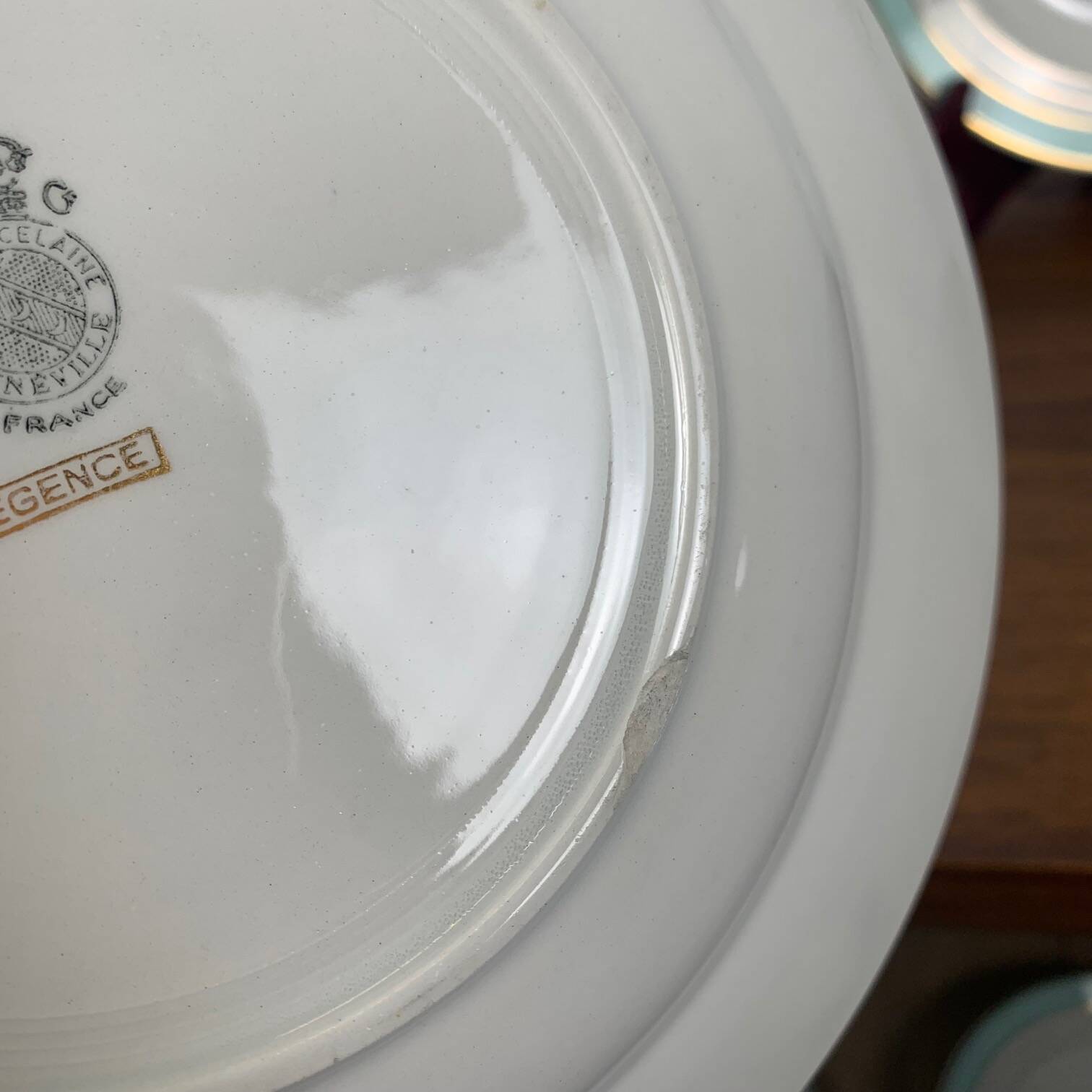 Set of 6 Lunéville soup plates, "Régence" model, water green and 4 lines