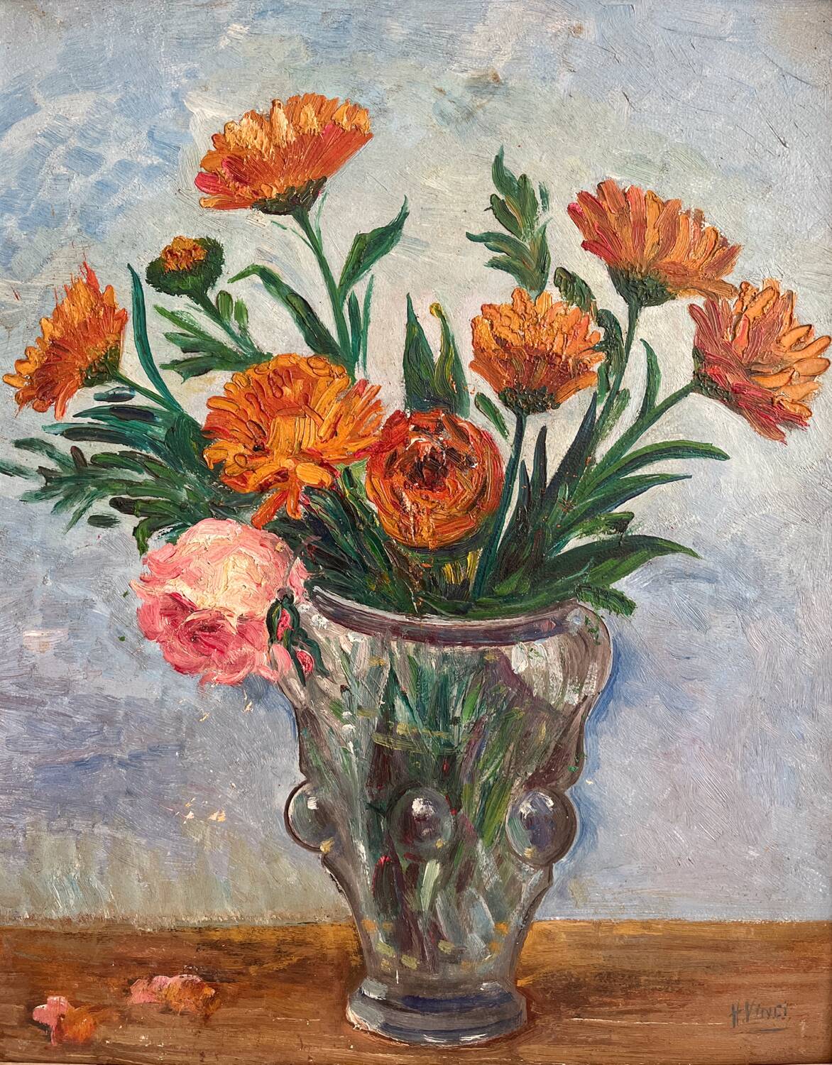 Old oil painting on panel bouquet of flowers