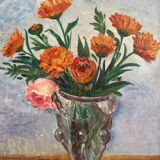 Tableau peinture ancienne huile sur panneau bouquet de fleurs