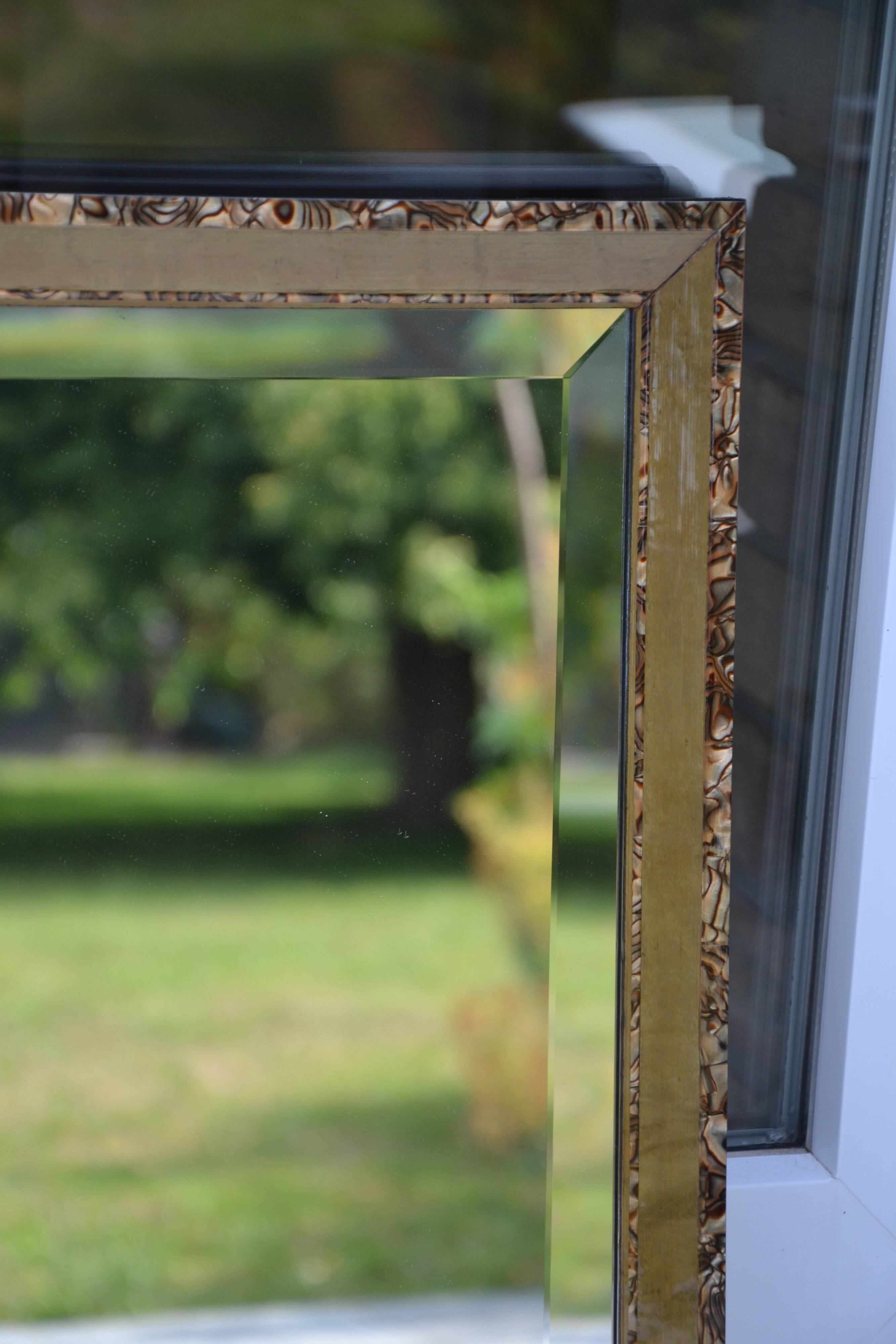 Large khaki beveled mother-of-pearl mirror from the 70s/80s