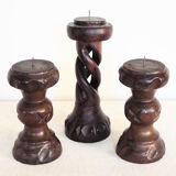 3 turned wooden candle holders