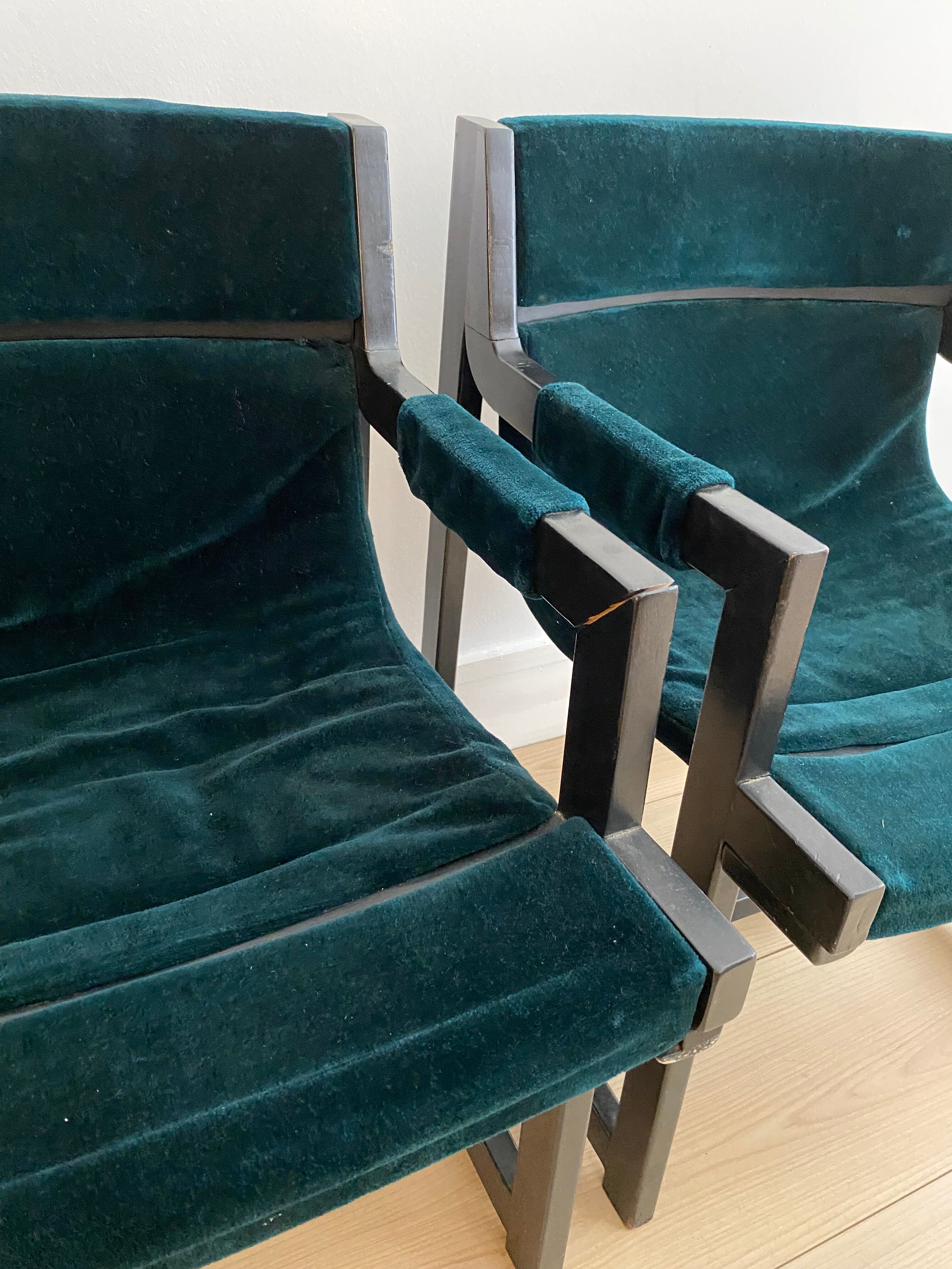 Vintage armchair in green velvet and black wood