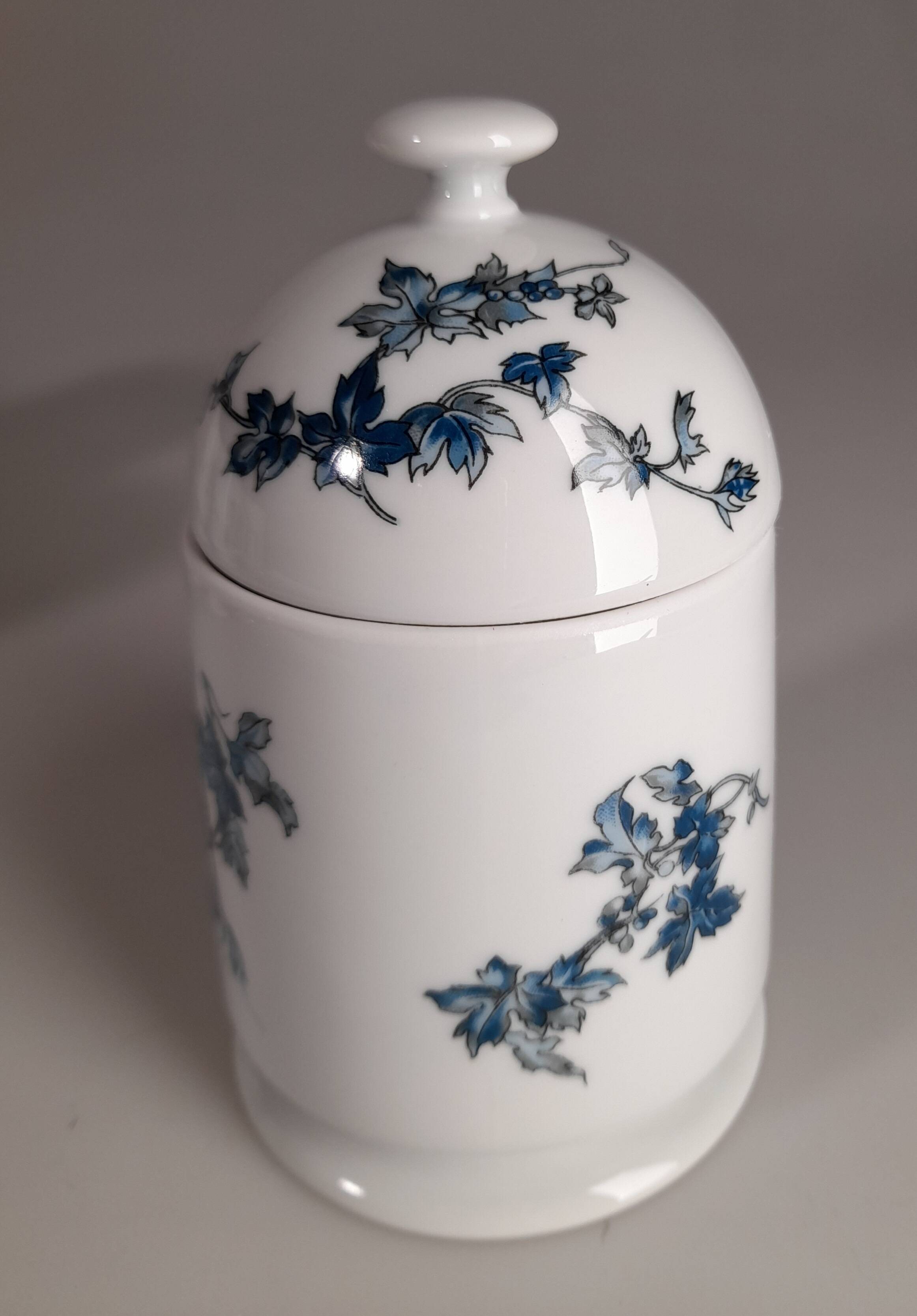 Set of sugar bowls and 7 mugs / cups with blue flowers in Limoges porcelain