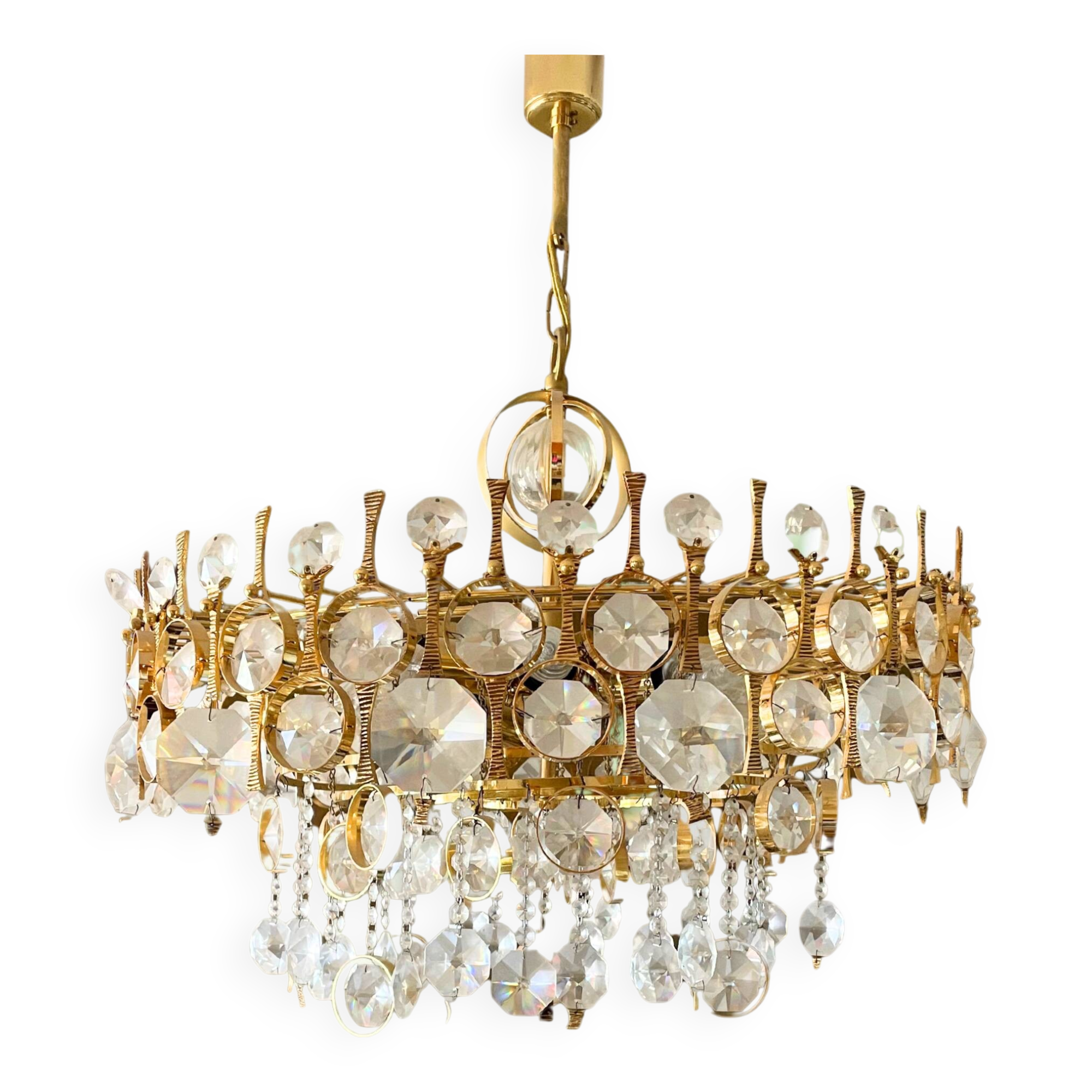 Large chandelier in gilded brass and crystal glass, attributed to Palwa, Germany