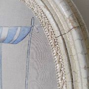 Louis XVI upholstered medallion chair, beige cracked patina, sea fabric