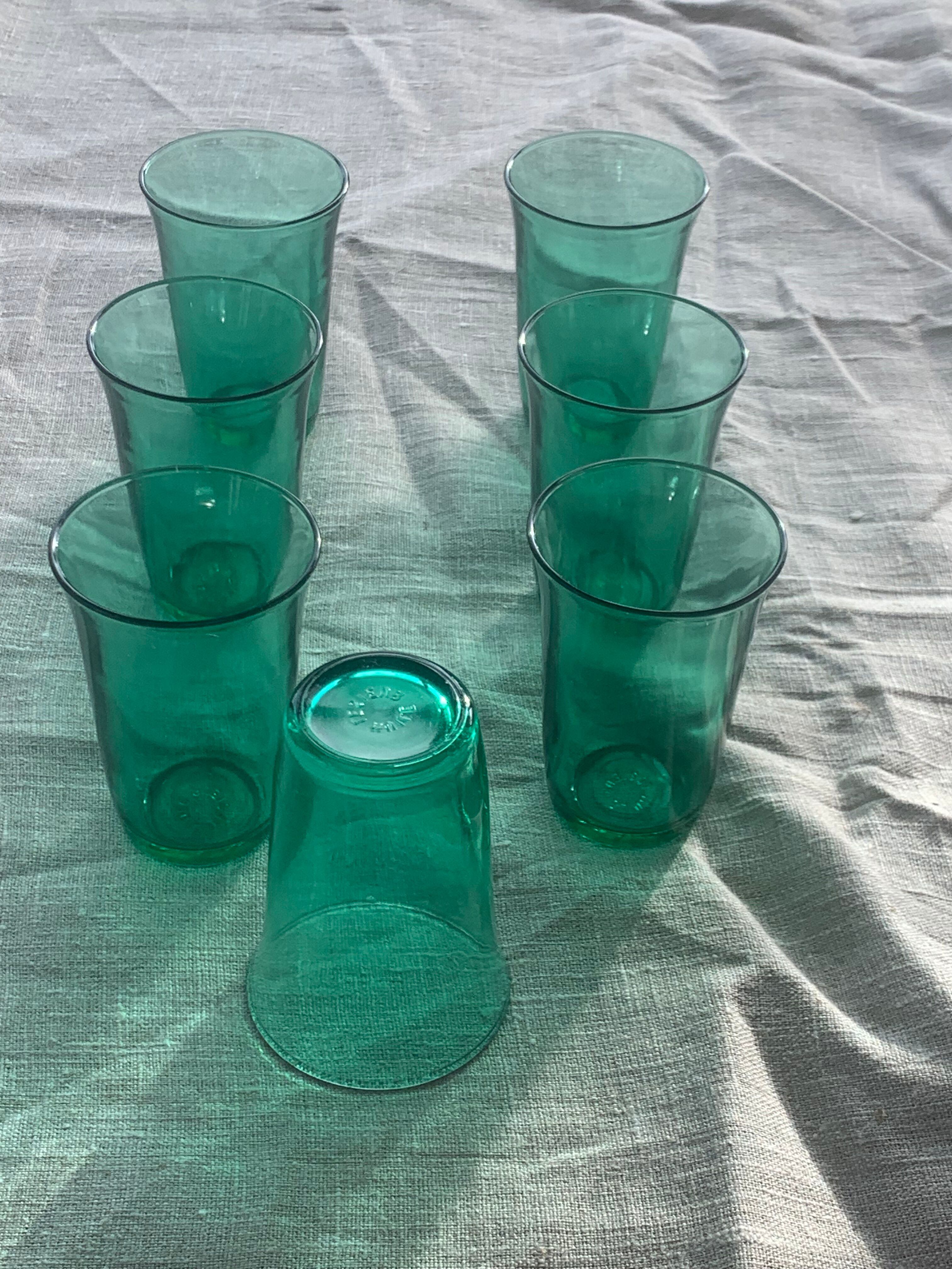 7 water glasses in green glass advertising vintage Lesieur oil