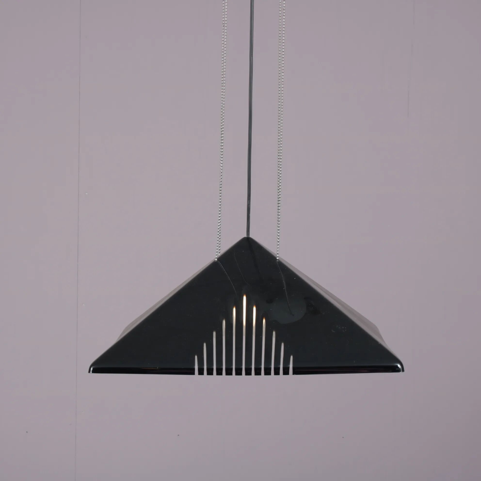 Black plexiglass pendant lamp from the 1980s, mounted on chains, originating from Italy.