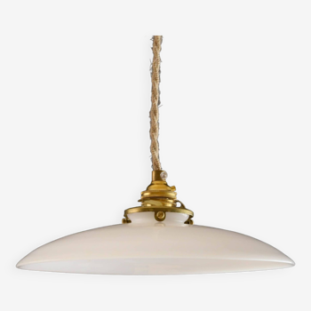 Plafonnier français antique en verre blanc, suspension français - lumière opaline - plafonnier en cé