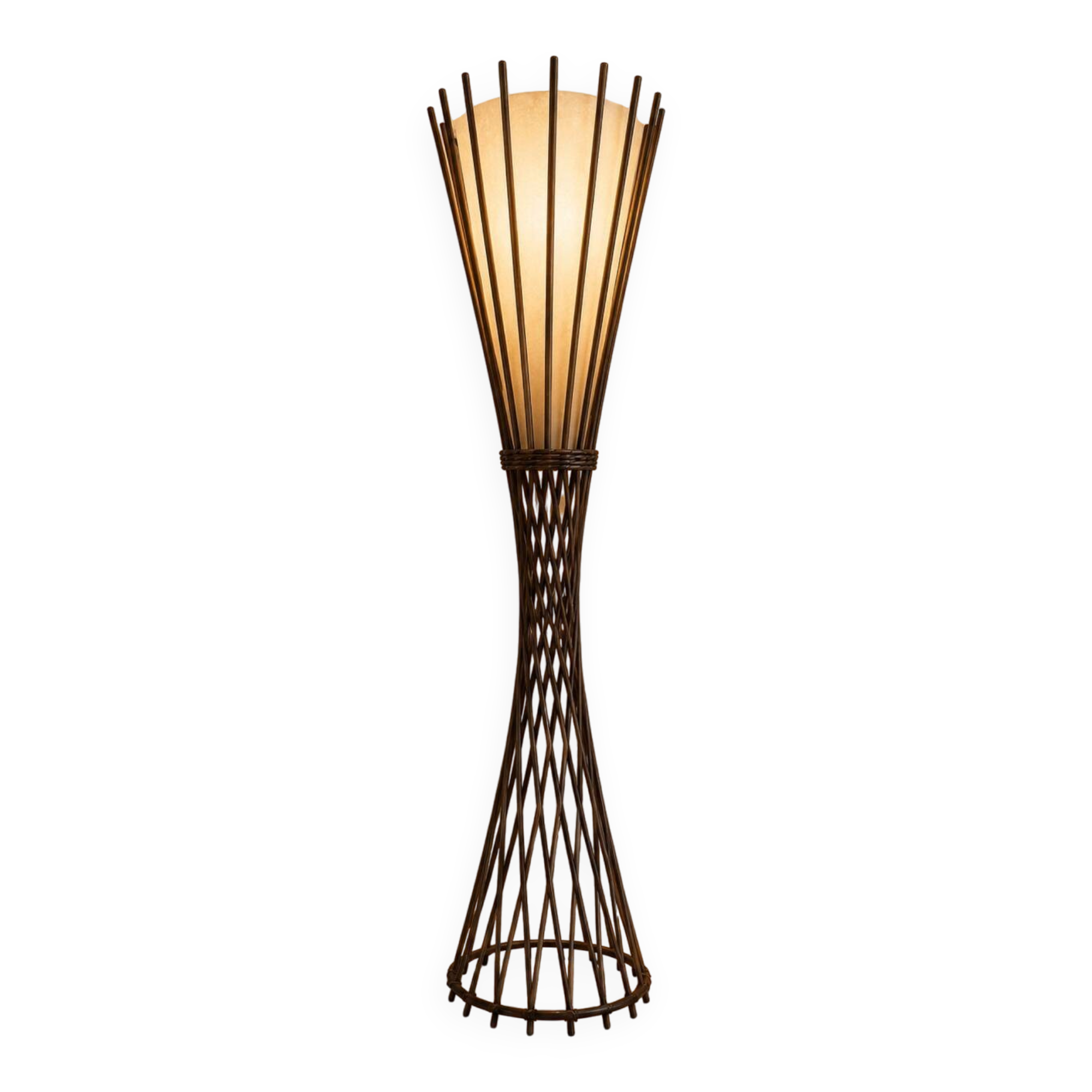 Sculptural floor lamp in patinated bronze wrought iron and opaque glass –