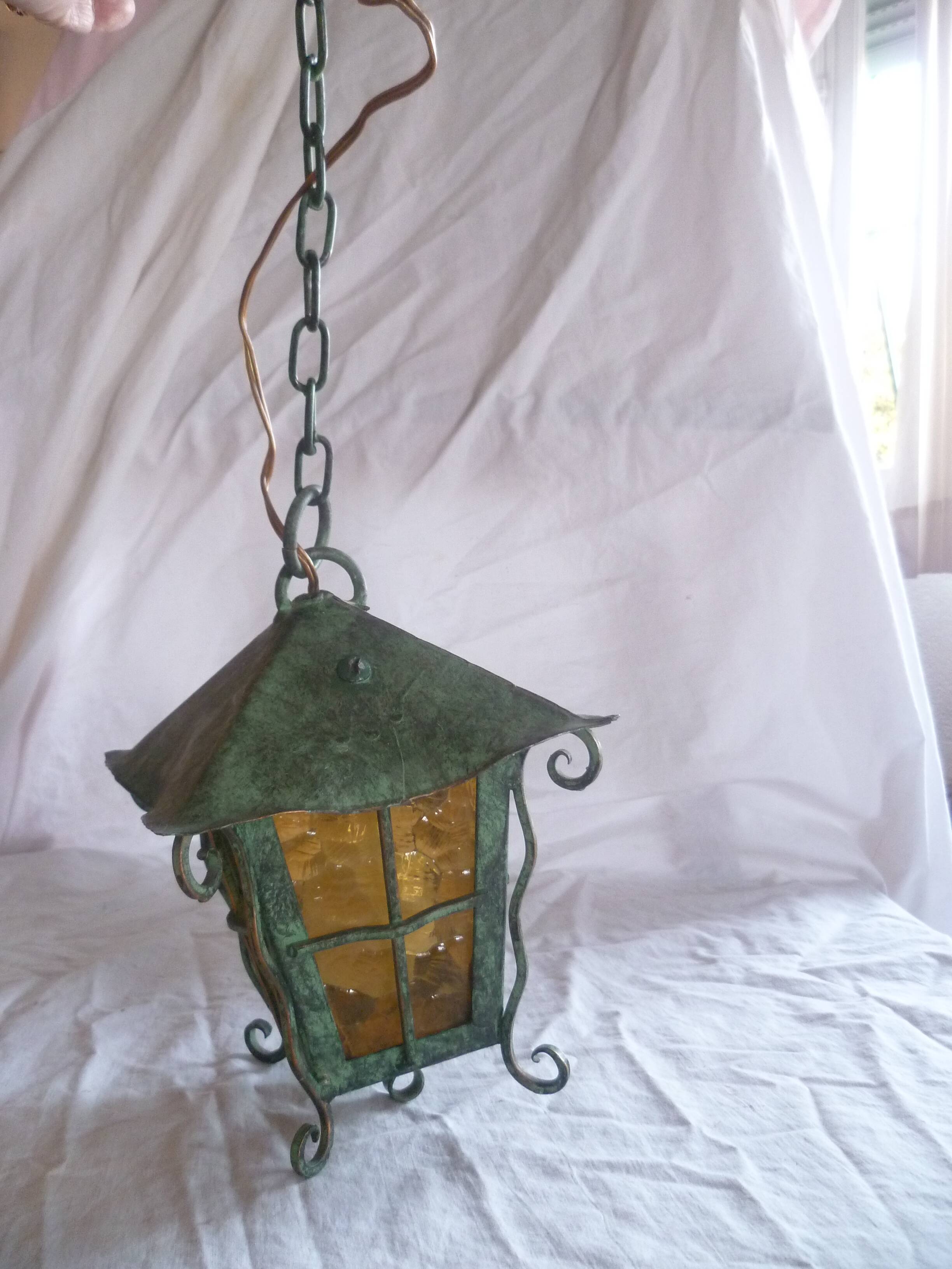 HAND WROUGHT IRON LANTERN WITH BRONZE PATINA 60'S