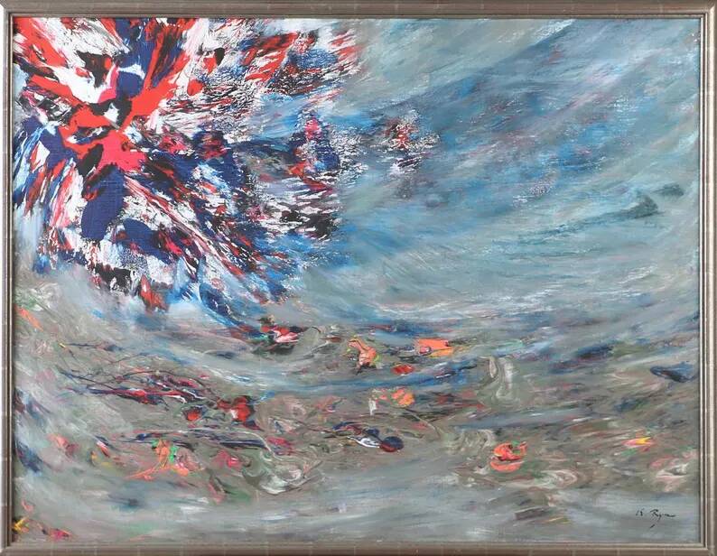 Huile sur toile originale suédoise – "Composition" par Keiko Ryu – Signée – Vintage et encadrée
