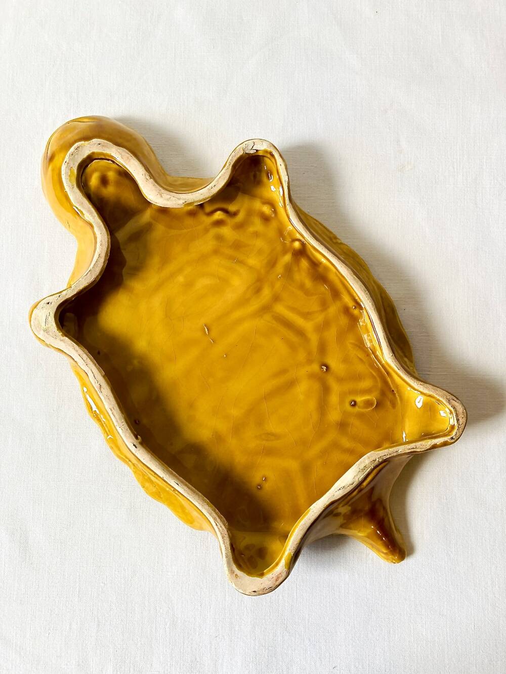Large mustard yellow ceramic turtle dish, vintage 1950s-1970s.