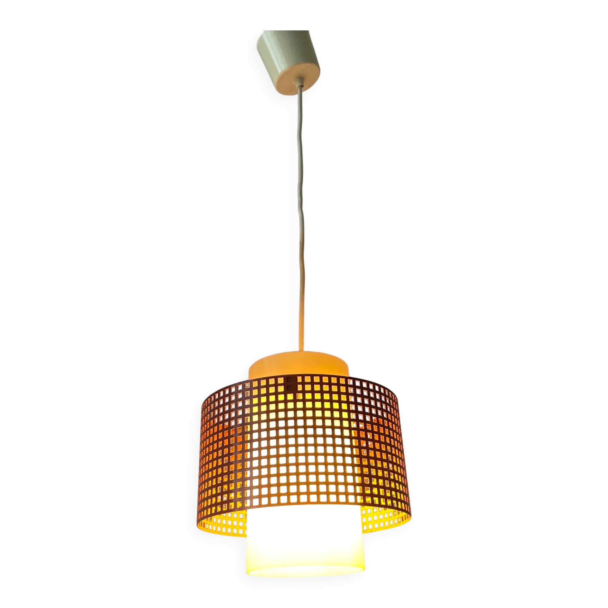 Suspended lamp in pink metal and plexiglass, Danish design, 1960s, Denmark.