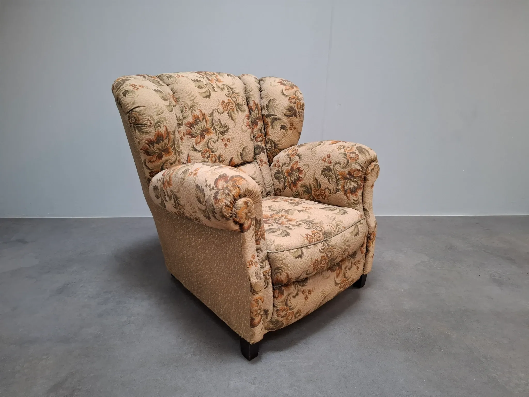 1930s Czech Art Deco Floral Upholstered Wingback Armchair