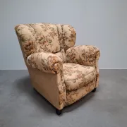 1930s Czech Art Deco Floral Upholstered Wingback Armchair