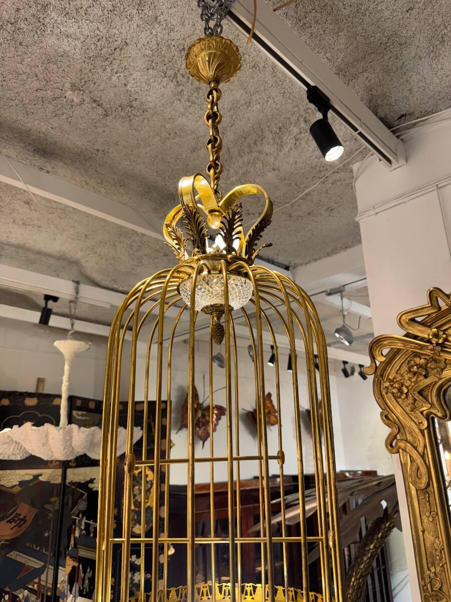 Lustre cage en cristal et bronze vers 1900
