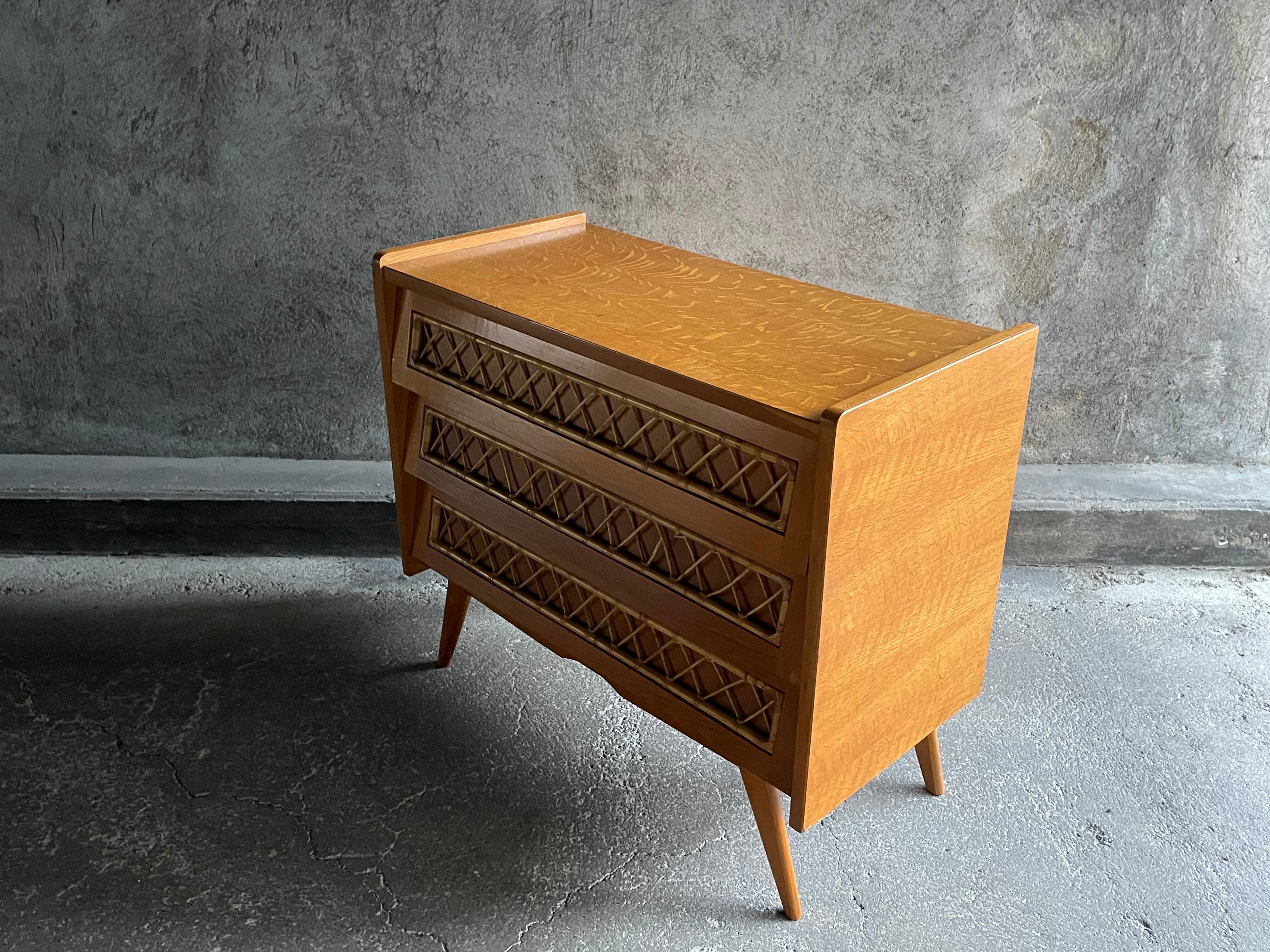 3-drawer chest of drawers with rattan decorations, France 1970s
