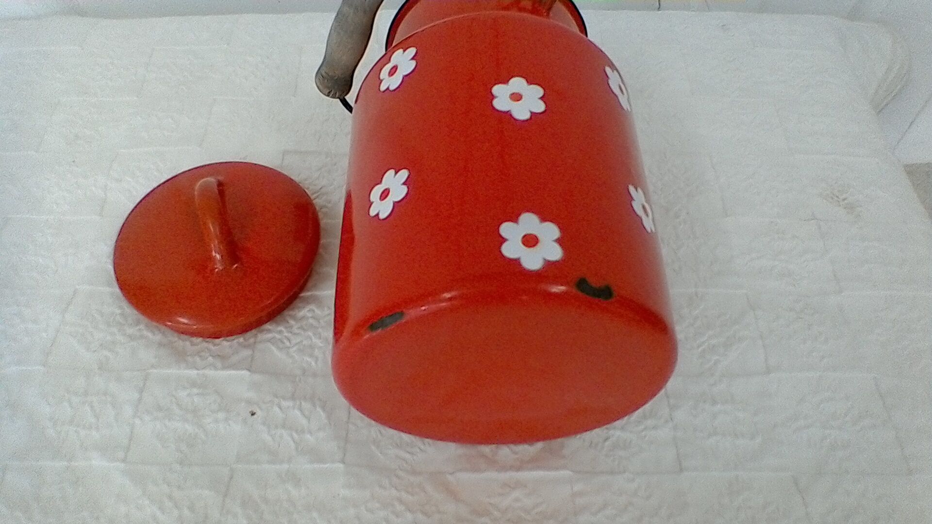 Orange enamelled milk pot, vintage