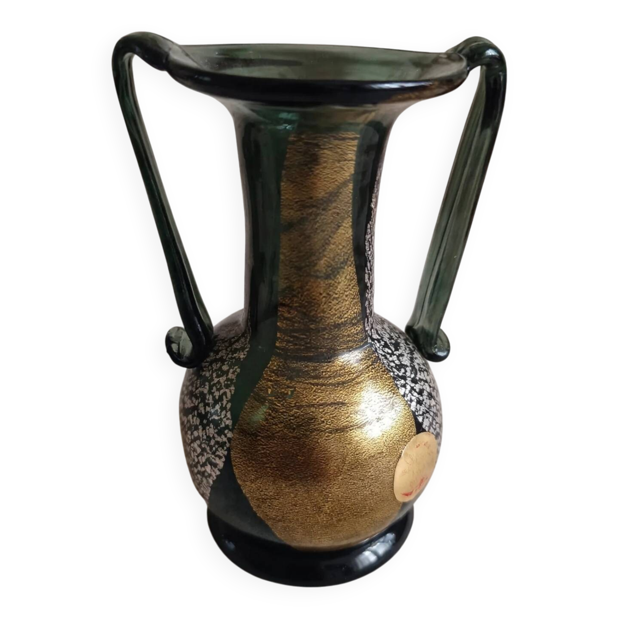 Murano Vintage 1960 Vase Amphora - Black Gold Silver - Original Label