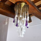 Venini waterfall ceiling lamp, murano crystals, two-tone purple and white, Italy, 1960
