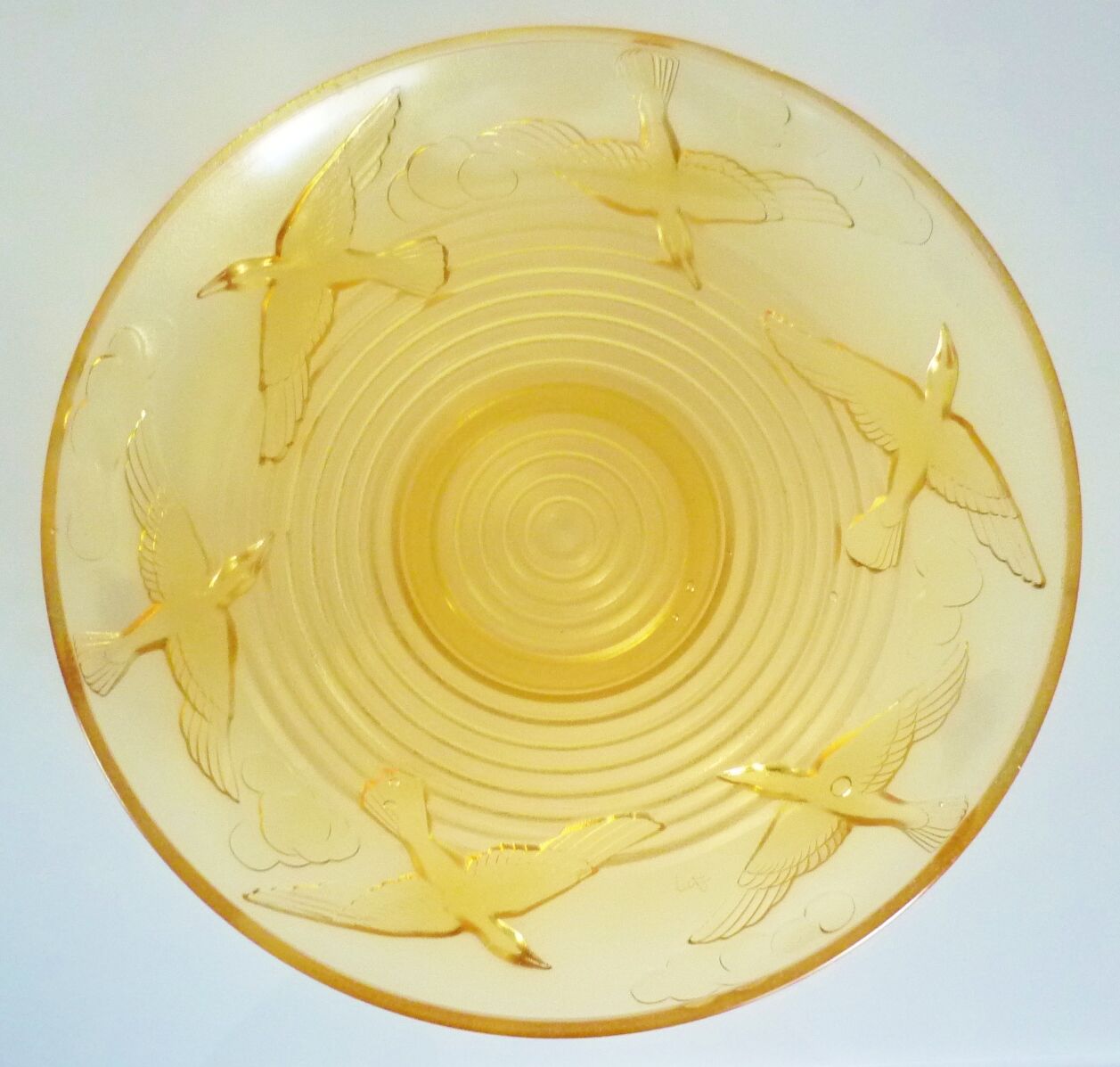 Cup, art deco centerpiece, 1930, pressed glass, molded, signed A.Miguel, albatross