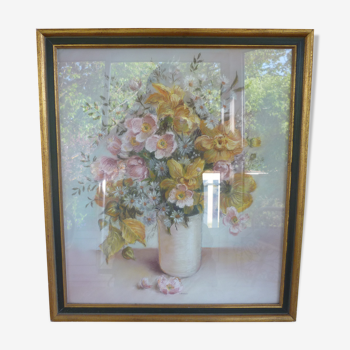 Still life bouquet of pastel flowers watercolor signed