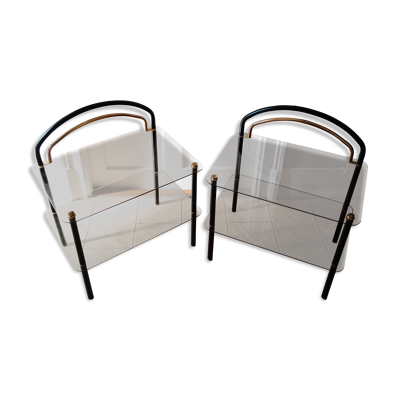 Paire de tables d'appoint, chevets en verre fumé, 1980