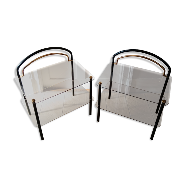Paire de tables d'appoint, chevets en verre fumé, 1980